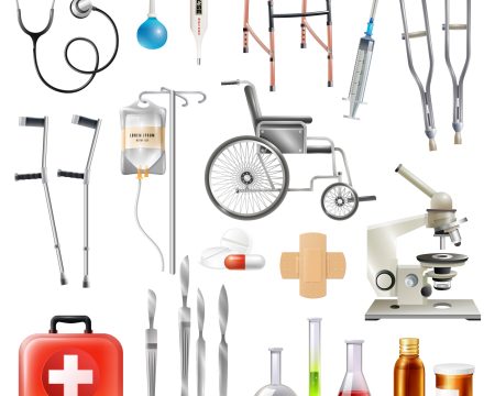 Healthcare Medical Accessories Flat Icons Set Healthcare medical accessories and equipment flat icons collection with walking aids crutches and scalpel isolated vector illustration