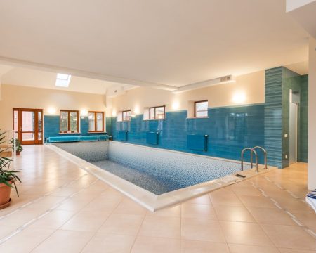 pexels-photo-7174389-7174389 Spacious indoor swimming pool with clean design, blue tiles, and potted plants.