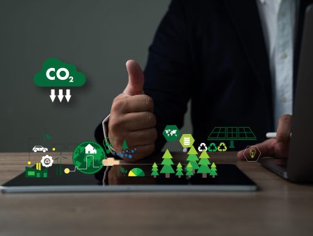 Reduce CO2 emissions and carbon Businessman working virtual mod Reduce CO2 emissions and carbon Businessman working virtual modern computer to reduce CO2